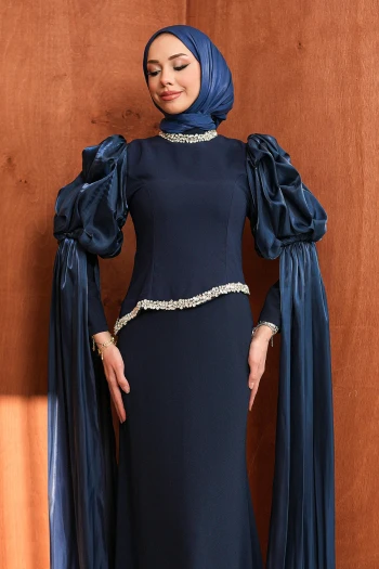 Lacivert Kol Detaylı Taşlı Abiye