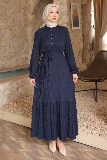 Lacivert Kol Lastikli Düğmeli Bel Bağlamalı Gofre Elbise