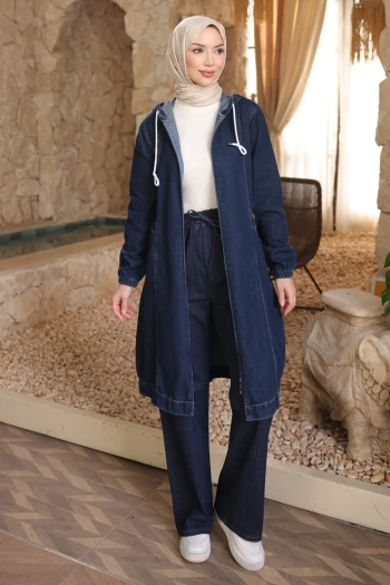 Lacivert Kol Lastikli Fermuarlı Kot Kap