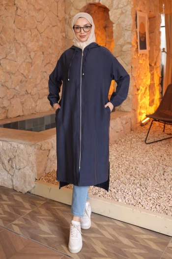 Lacivert Kol Lastikli Kapüşonlu Tesla Kap