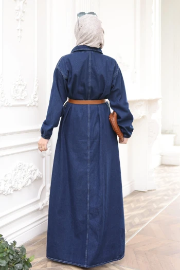 Lacivert Kol Lastikli Kemerli Kot Elbise