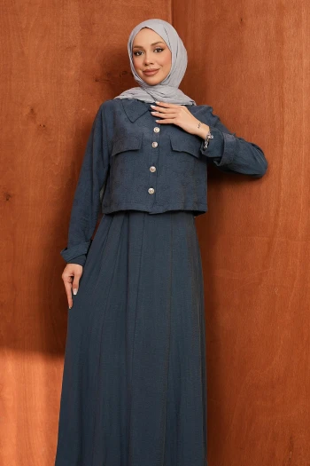 Lacivert Kot Ceket Elbise İkili Kombin Takım