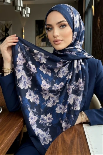 Lacivert Krem İpekhan Desenli Soft Dijital Şal