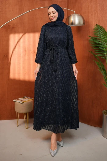 Lacivert Kuşaklı Simli Abiye