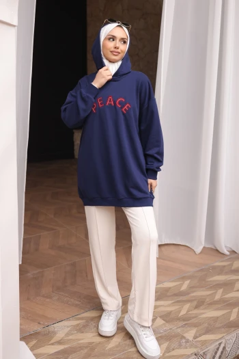 Lacivert Nakışlı İşlemeli Kapşonlu Tunik Sweat
