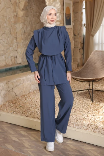 Lacivert Omuz Düğmeli Bel Kuşaklı Pantolonlu Takım