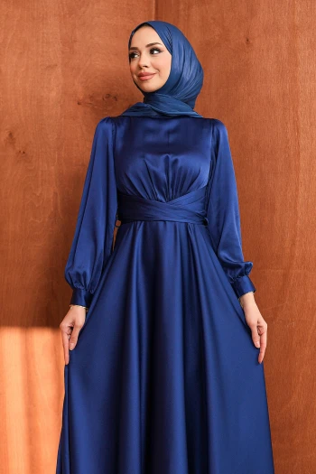 Lacivert Ön Bağlamlı Saten Abiye