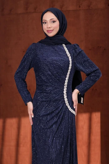Lacivert Ön Taş Detaylı Abiye