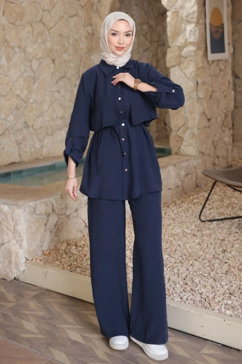 Lacivert Önü Allerli Kolu Apoletli Tunik Pantolonlu Modal Takım