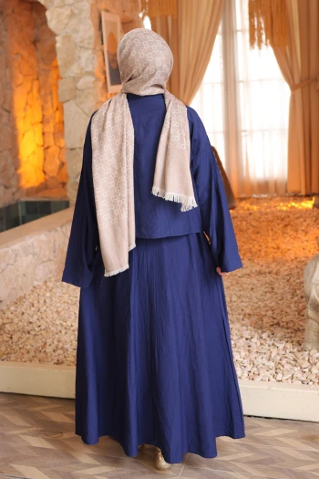 Lacivert Önü Bağlamalı Kimono Etekli Takım