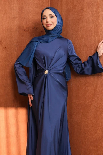 Lacivert Önü Pelerinli Drapeli Saten Abiye