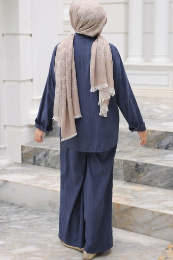 Lacivert Önü Taş Detaylı Düğmeli Tunik Pantolonlu Takım