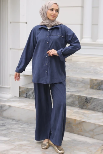 Lacivert Önü Taş Detaylı Düğmeli Tunik Pantolonlu Takım