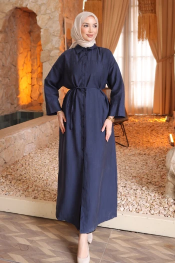 Lacivert Oversize Düğmeli Tesla Elbise