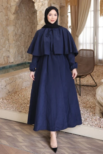 Lacivert Pelerin Detaylı  Kol Lastikli Elbise