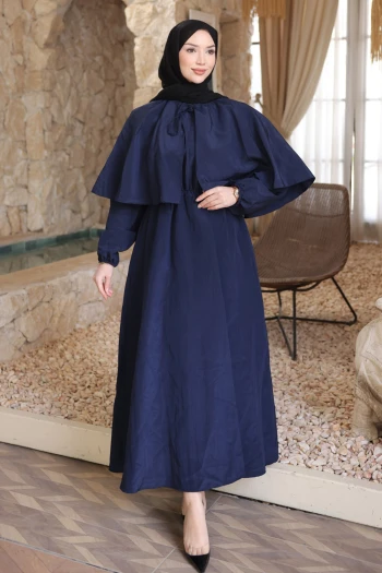 Lacivert Pelerin Detaylı  Kol Lastikli Elbise