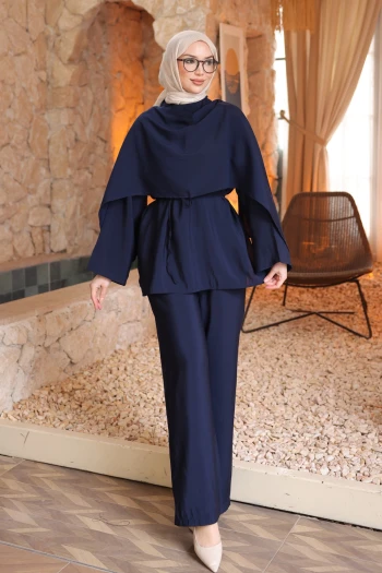 Lacivert Şal Detaylı Tunik Pantolonlu Takım