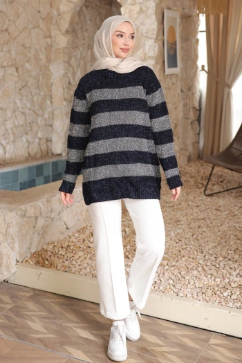 Lacivert Simli Çizgili Triko Kazak