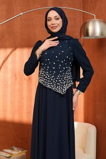 Lacivert Taş Detaylı Tasarım Abiye