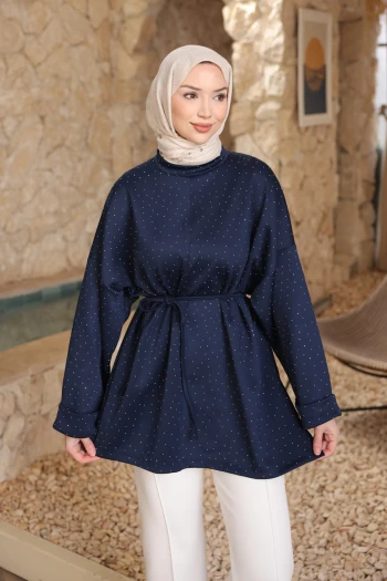 Lacivert Taş Detaylı Yırtmaçlı Oversize Tunik