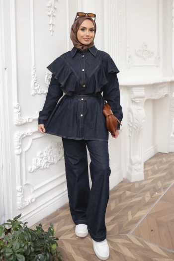 Lacivert Volanlı Tunik Pantolonlu Kot Takım