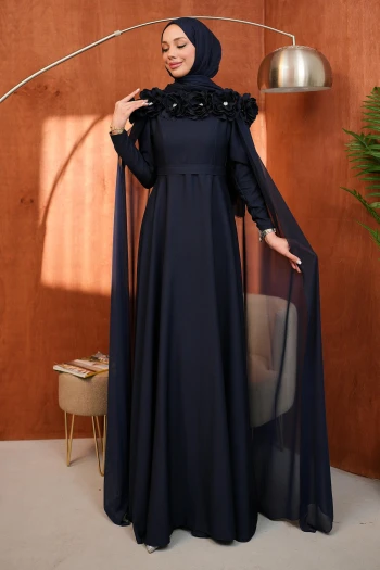 Lacivert Yaka Çiçekli Pelerinli Abiye