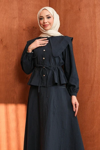 Lacivert Yaka Detaylı Gömlek Etekli Takım