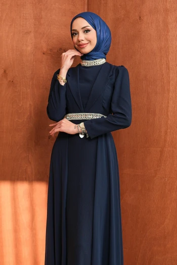 Lacivert Yaka Detaylı Taşlı Abiye
