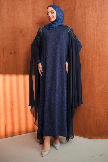 Lacivert Omuz Boncuklu Pelerinli Abiye