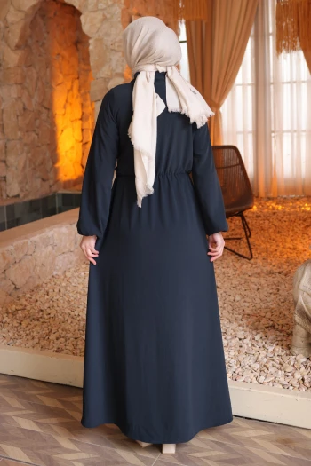 Lacivert Yan Bağlamalı Kol Lastikli Elbise