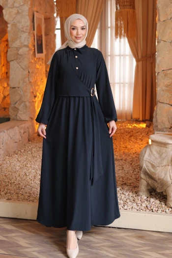 Lacivert Yan Bağlamalı Kol Lastikli Elbise