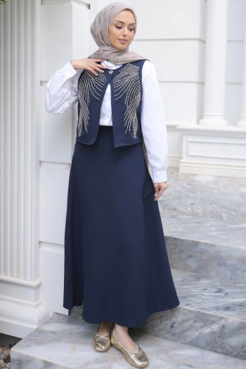 Lacivert Yelek Kombinli Gömlek Etekli Takım