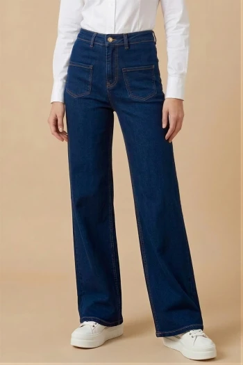 Lacivert Yüksek Bel Çift Cepli Palazzo Kot Pantolon