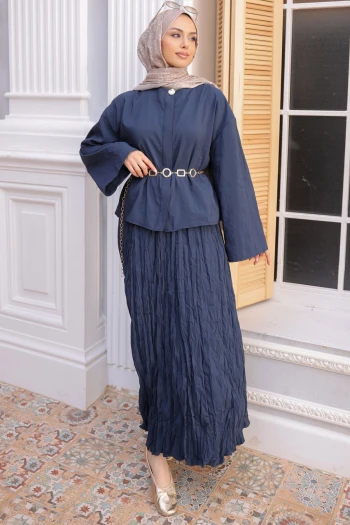 Lacivert Zincir Kemer  Detaylı Gömlek Kraş Etekli Takım