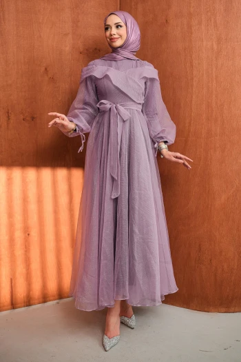 Lila Balon Kol Bağlamalı Tül Abiye