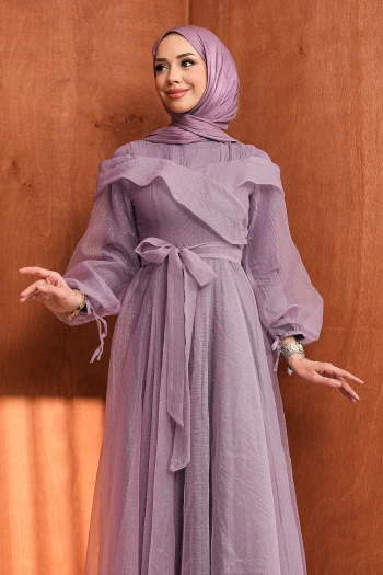 Lila Balon Kol Bağlamalı Tül Abiye