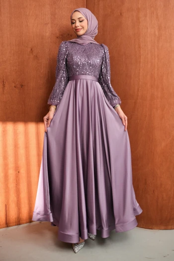 Lila Boncuklu İşlemeli Saten Abiye