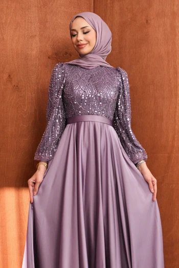 Lila Boncuklu İşlemeli Saten Abiye