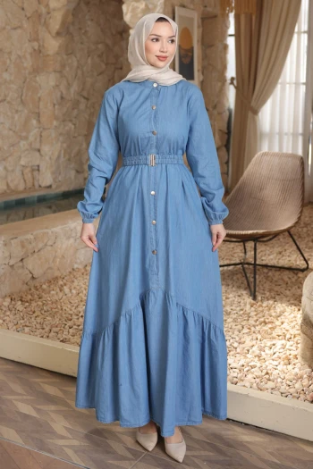 Mavi Bel Kemerli Düğmeli Kot Elbise