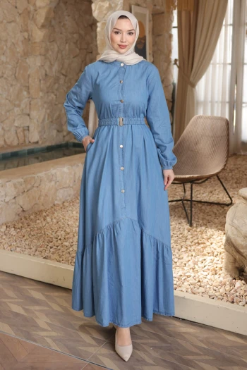 Mavi Bel Kemerli Düğmeli Kot Elbise