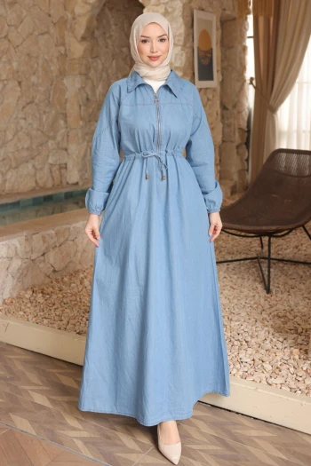 Mavi Bel Lastikli Fermuarlı Kot Elbise
