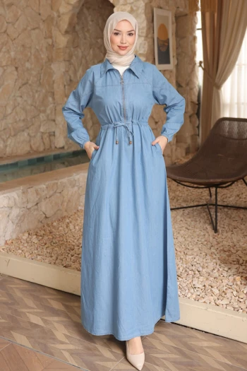 Mavi Bel Lastikli Fermuarlı Kot Elbise