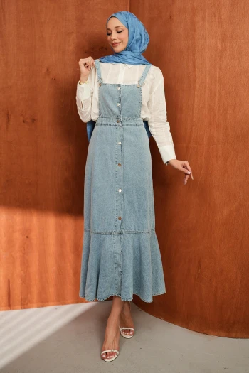 Mavi Cepli Düğmeli Eteği Katlı Kot Jile