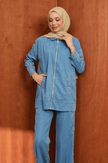 Mavi Fermuarlı Ceket Pantolonlu Tensel Kot Takım
