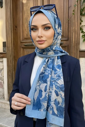 Mavi İpekhan Desenli Kraş Şal