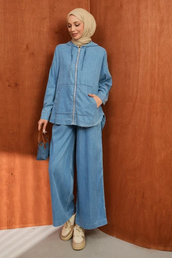 Mavi Kapuşonlu Tunik Pantolonlu Kot Takım