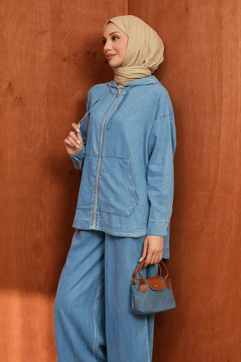 Mavi Kapuşonlu Tunik Pantolonlu Kot Takım