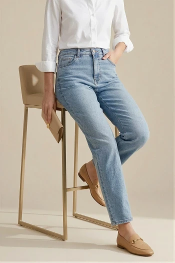 Mavi Yüksek Bel Mom Jeans Pantolon