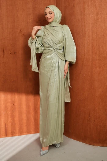 Mint Yeşili Ön Detaylı Şifon abiye