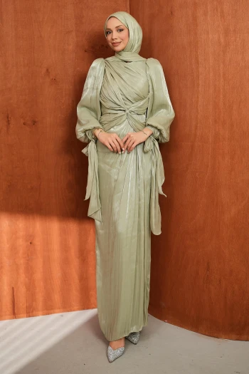 Mint Yeşili Ön Detaylı Şifon abiye